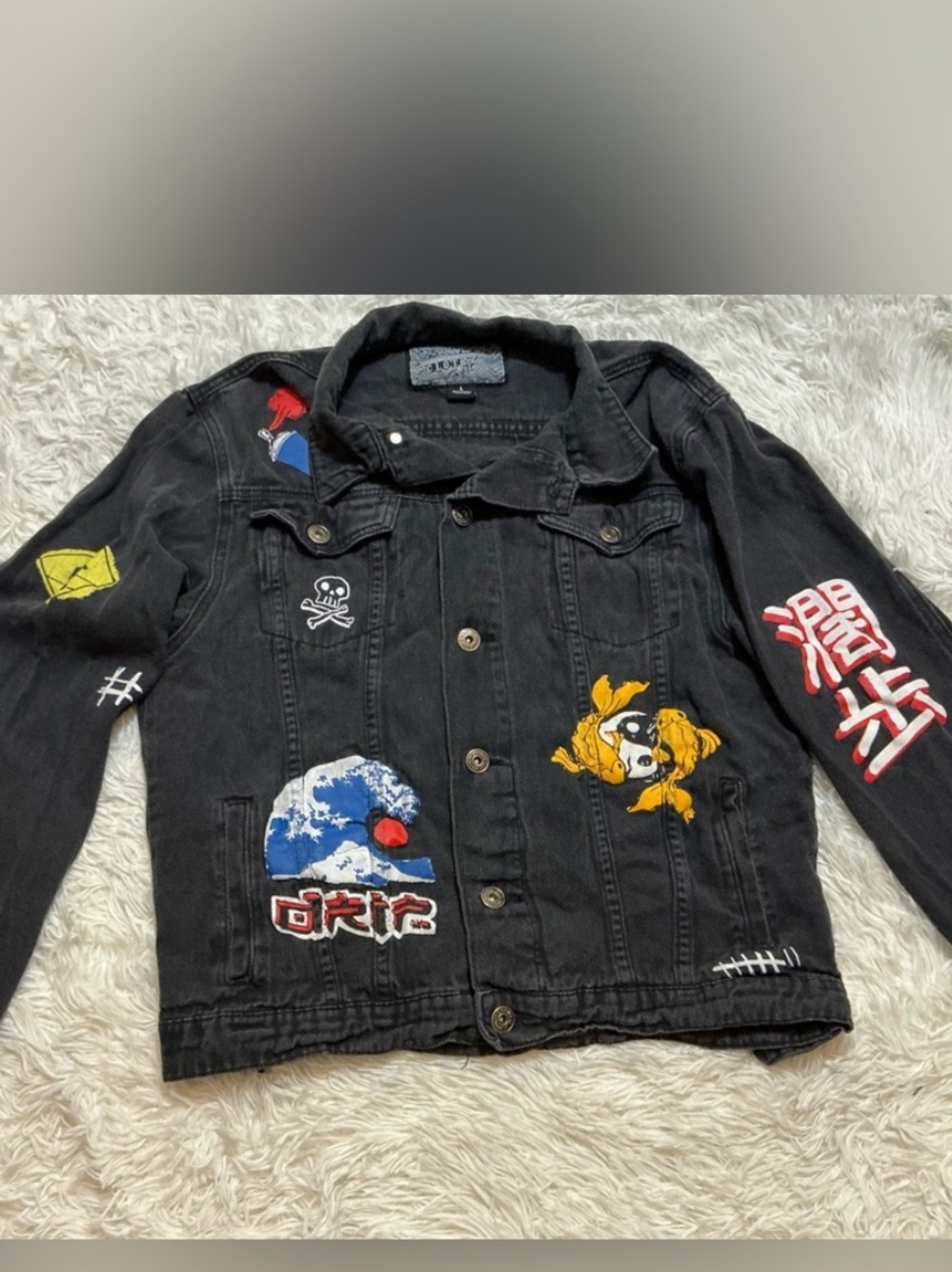 Brooklyn Cloth Tokyo Graffiti Black Denim Jacket Great Wave Koi Large